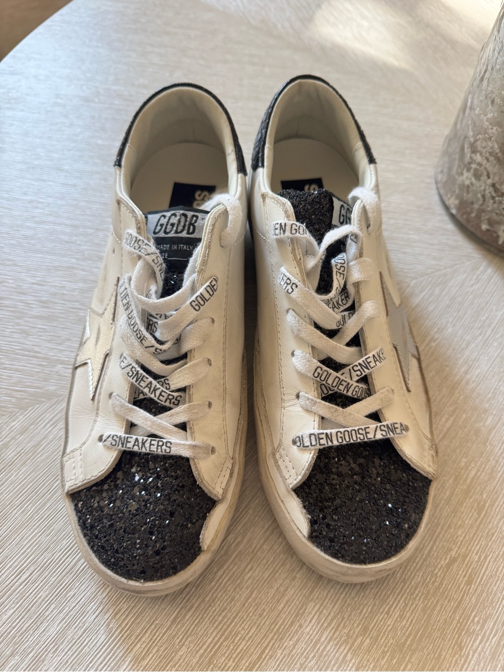 Golden Goose White Leather Sneakers with Black Glitter Toecaps and Star